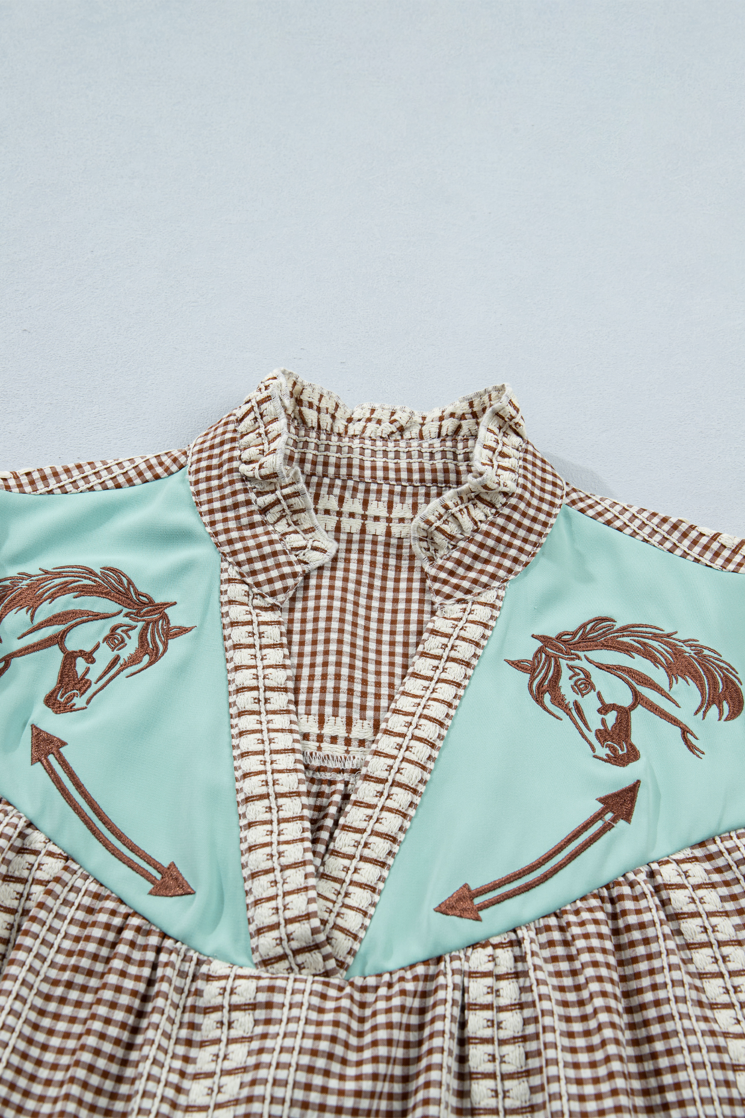 Women's Puff Sleeve Plaid Blouse – Western Style Embroidered V-Neck Top, Brown Colorblock Summer Work Shirt - Detail View 5 Women's Puff Sleeve Plaid Blouse – Western Style Embroidered V-Neck Top, Brown Colorblock Summer Work Shirt - Detail View 5