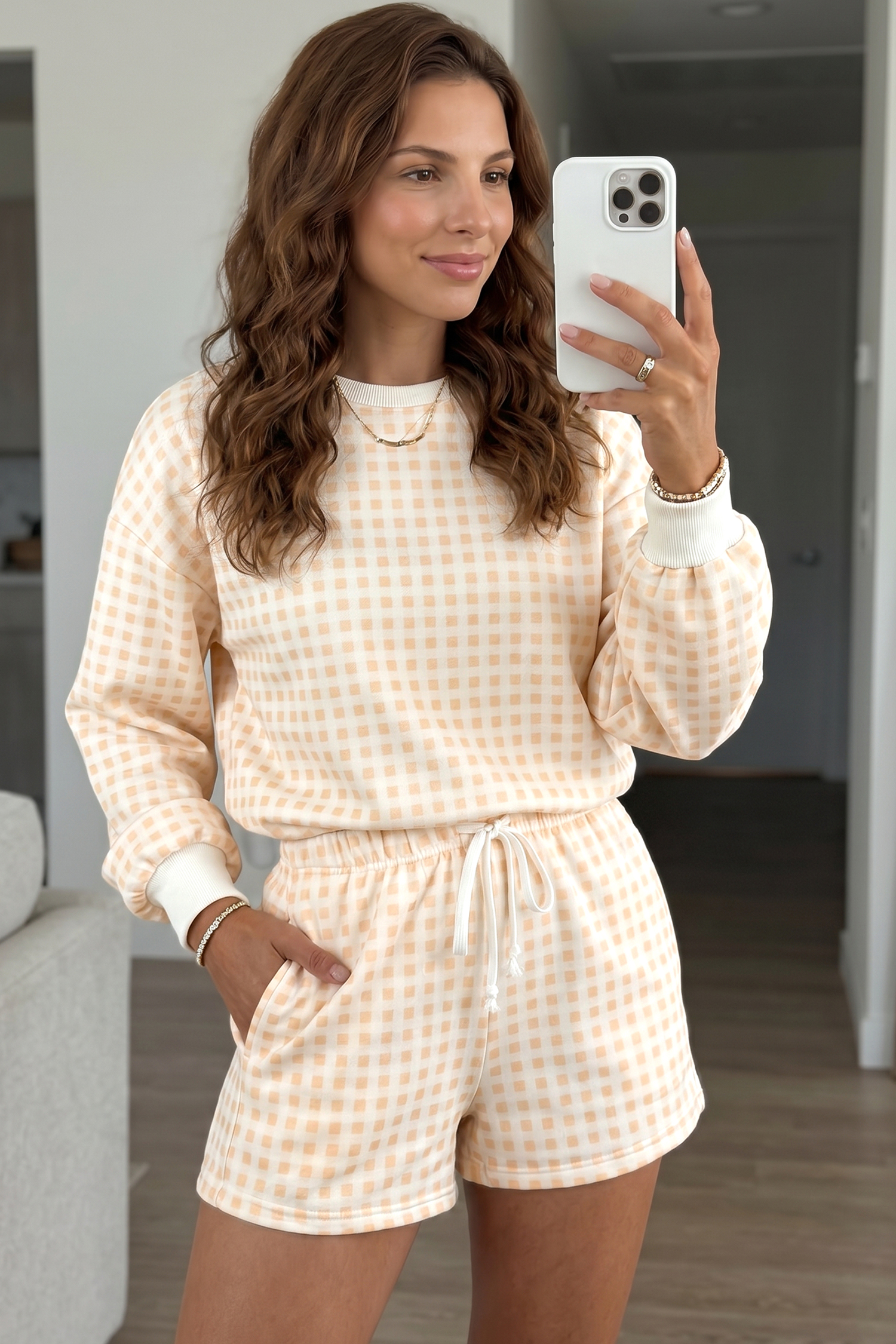 Women's Yellow Plaid 2-Piece Outfit – Cozy Round Neck Pullover - Detail View 3 Women's Yellow Plaid 2-Piece Outfit – Cozy Round Neck Pullover - Detail View 3