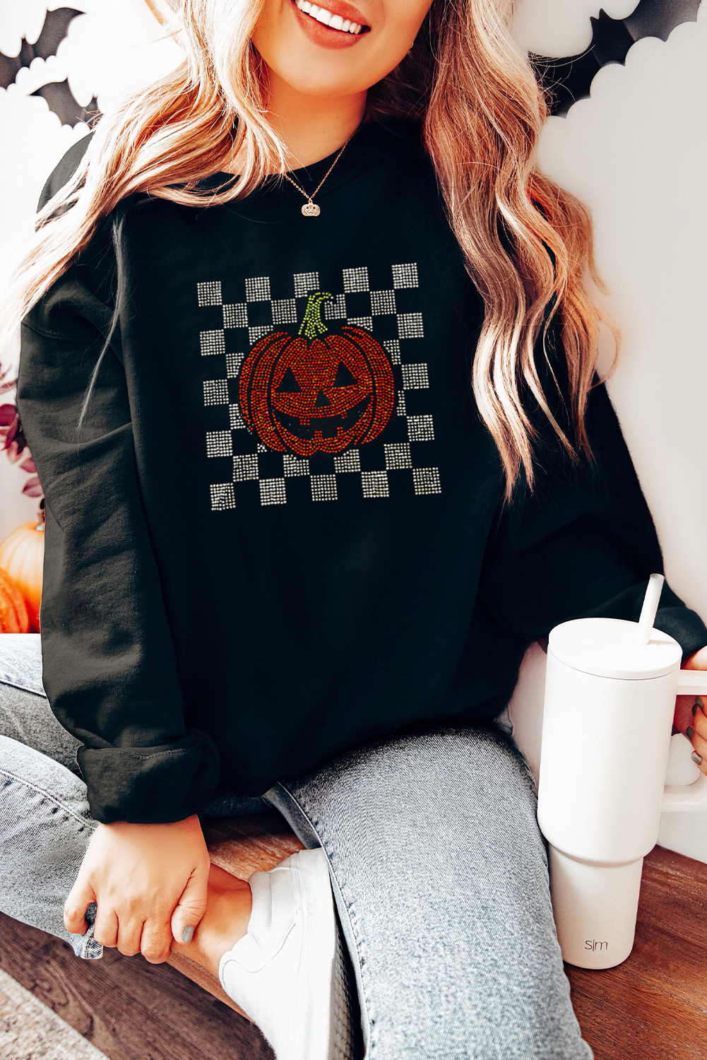 Casual Long Sleeve Black Sweatshirt with Rhinestone Jack-o-Lantern Design - Detail View 6 Casual Long Sleeve Black Sweatshirt with Rhinestone Jack-o-Lantern Design - Detail View 6