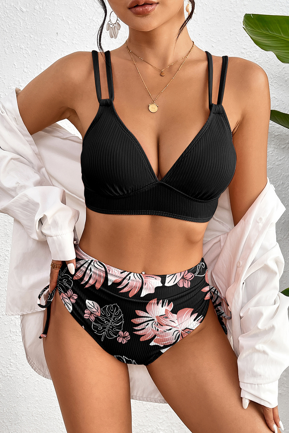 Chic Black Ribbed High Waist Bikini Set for Women – Perfect Summer Swimwear - Detail View 8 Chic Black Ribbed High Waist Bikini Set for Women – Perfect Summer Swimwear - Detail View 8