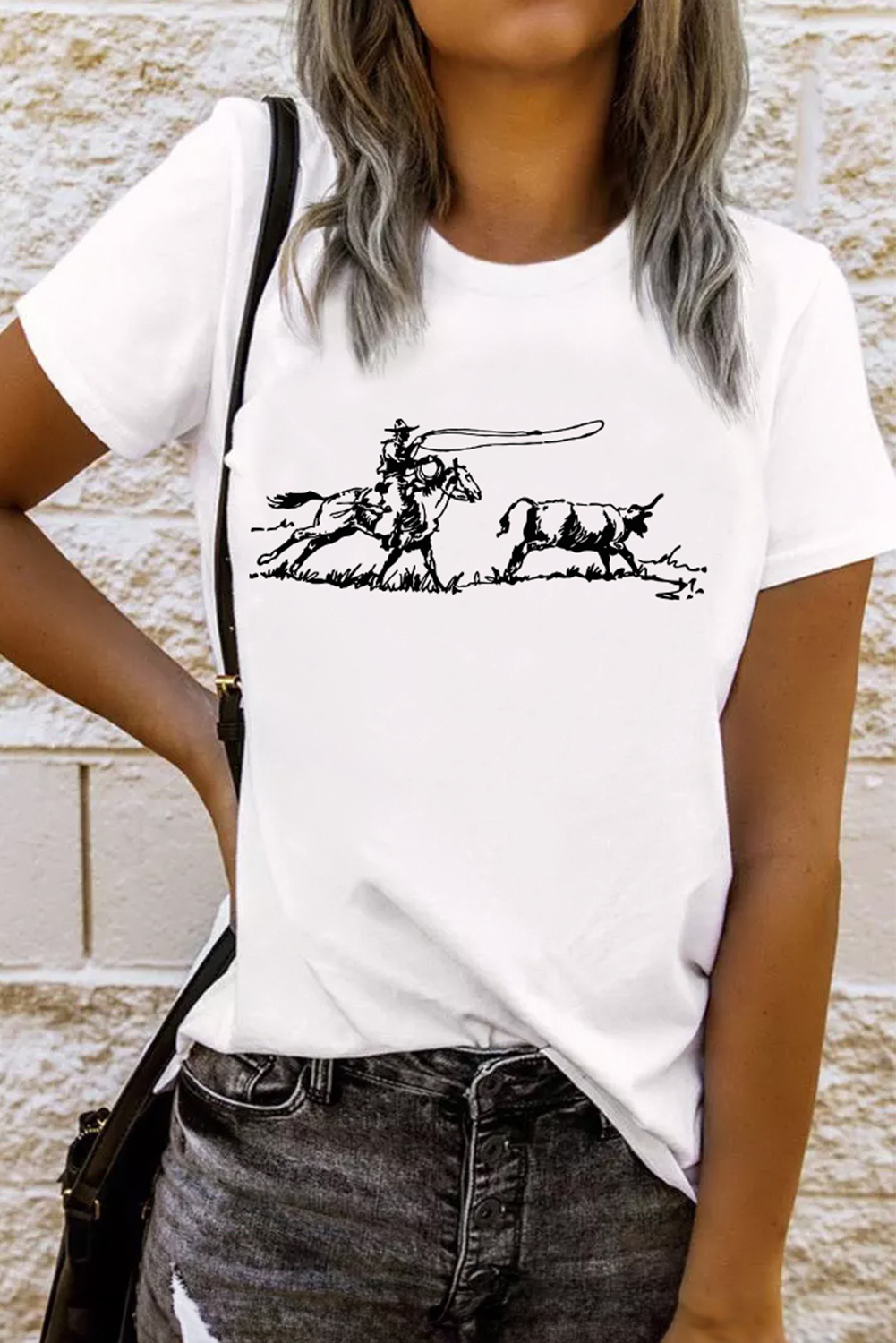 Women's T-Shirt, White Graphic Tee, Western Rodeo Design, Casual Fit, Crew Neck, Short Sleeve, Everyday Wear, Durable Material, Summer Fashion, Cowboy Spirit, Shift Silhouette, Easy to Pair - Detail View 4 Women's T-Shirt, White Graphic Tee, Western Rodeo Design, Casual Fit, Crew Neck, Short Sleeve, Everyday Wear, Durable Material, Summer Fashion, Cowboy Spirit, Shift Silhouette, Easy to Pair - Detail View 4