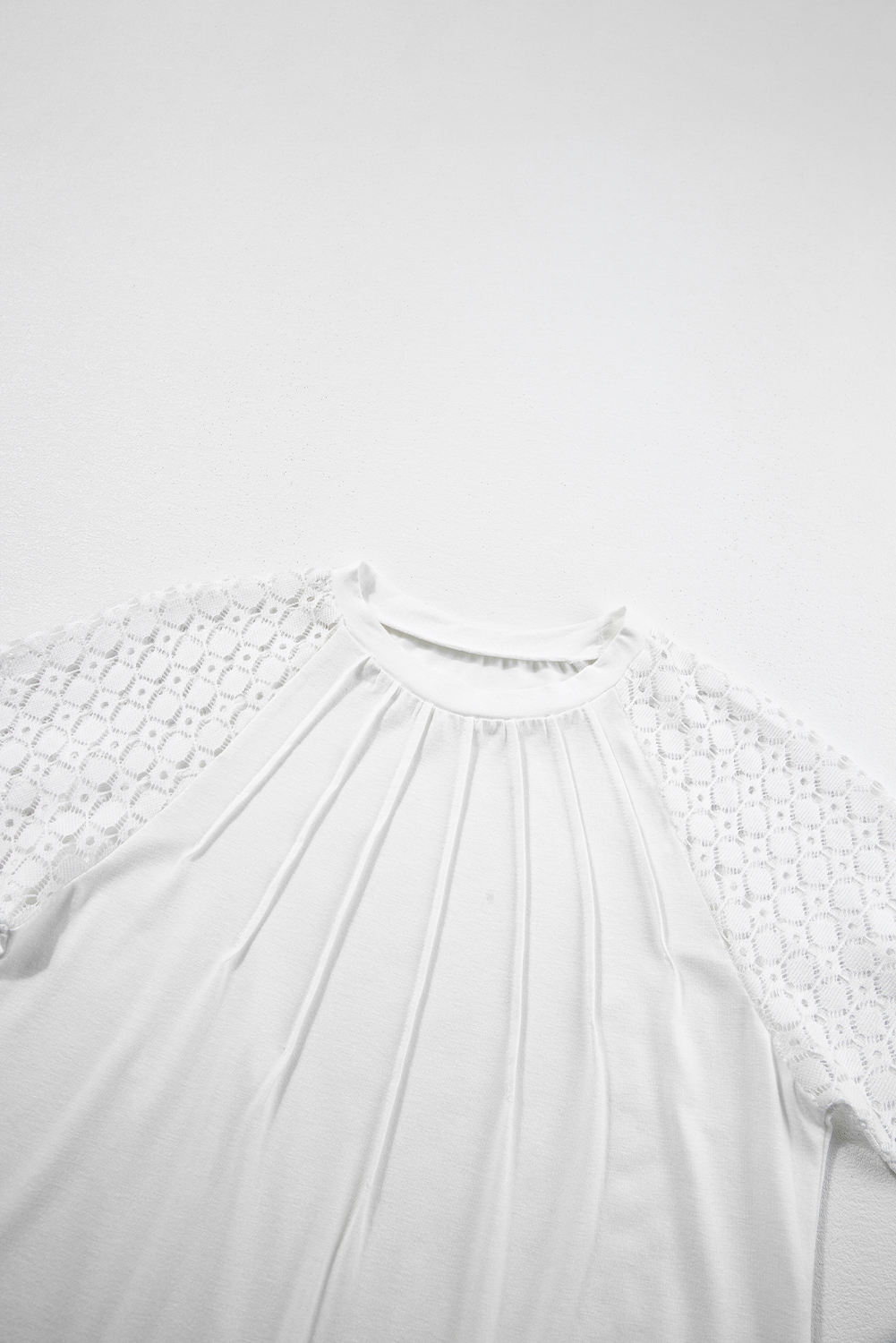 Chic White Seamed Lace Tee with Raglan Sleeves – Versatile Summer Essential for Women - Detail View 15 Chic White Seamed Lace Tee with Raglan Sleeves – Versatile Summer Essential for Women - Detail View 15
