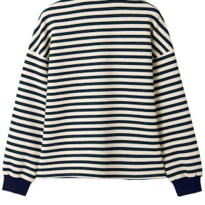 Women's Navy Blue Striped V-Neck Long Sleeve Top with Contrast Collar – Casual Daily Wear Essential - Main View