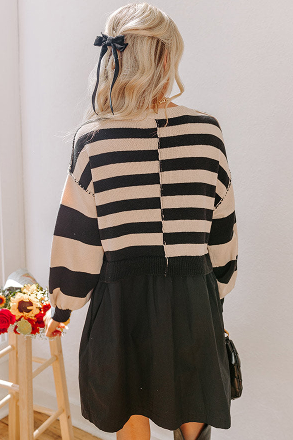 Casual Long Sleeve Black Stripe Sweater Dress with Color Block Design - Detail View 2 Casual Long Sleeve Black Stripe Sweater Dress with Color Block Design - Detail View 2