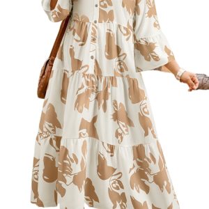Plus Size Khaki Floral Ruffled Sleeve Long Dress with Half Placket and Tiered A-Line Silhouette - Main View