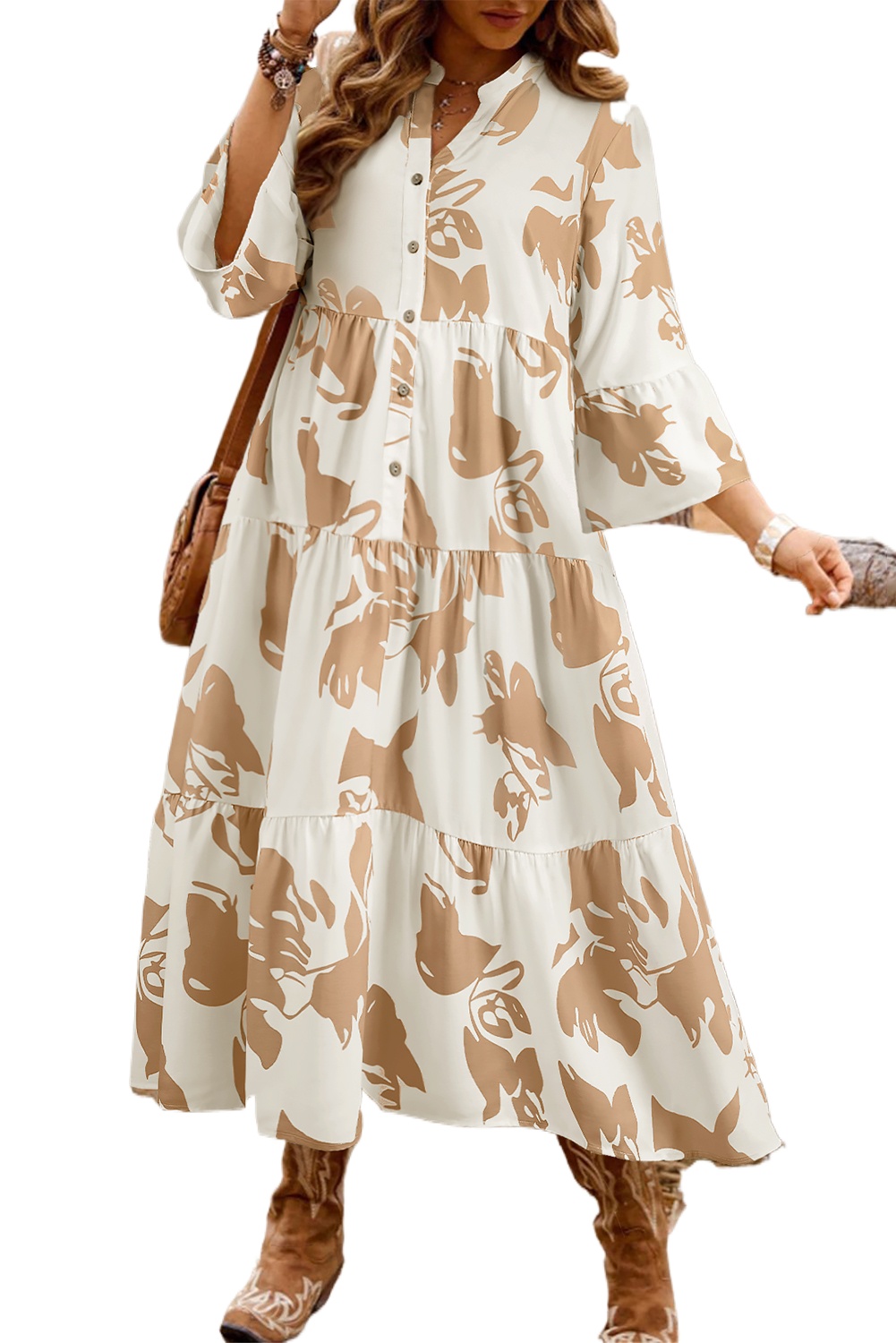 Plus Size Khaki Floral Ruffled Sleeve Long Dress with Half Placket and Tiered A-Line Silhouette - Main View Plus Size Khaki Floral Ruffled Sleeve Long Dress with Half Placket and Tiered A-Line Silhouette - Main View