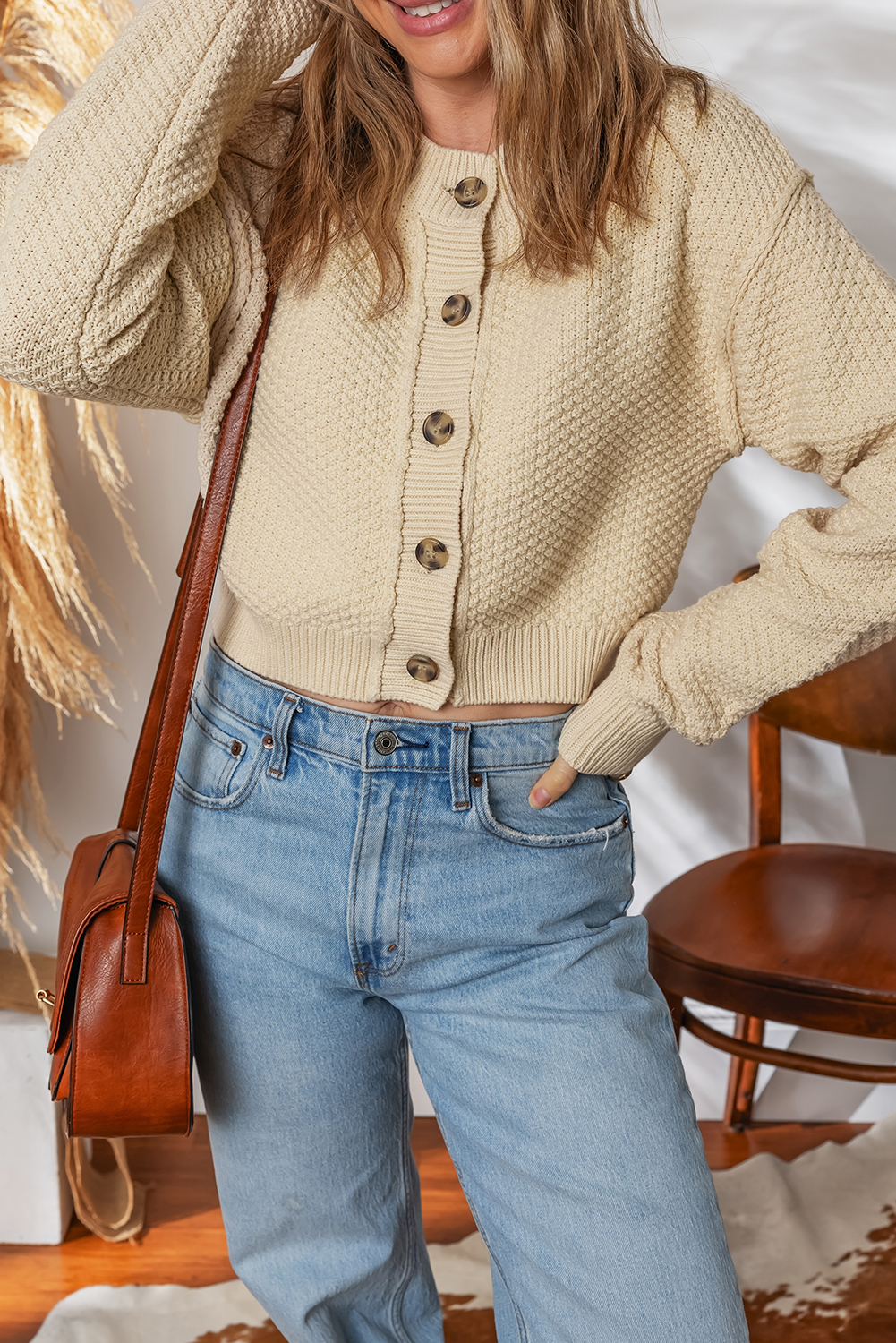 Versatile Women's Beige Shift Silhouette Cardigan – Round Neck Cropped Sweater for Everyday Casual Style - Detail View 9 Versatile Women's Beige Shift Silhouette Cardigan – Round Neck Cropped Sweater for Everyday Casual Style - Detail View 9