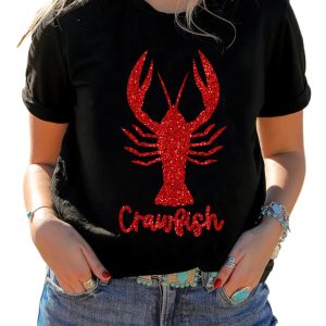 Women's Black Shimmering Crawfish Graphic Tee - Casual Summer Wear - Main View