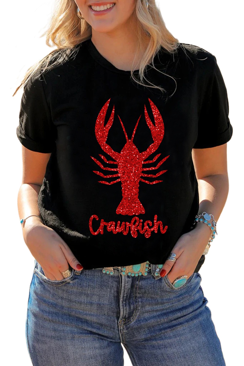 Women's Black Shimmering Crawfish Graphic Tee - Casual Summer Wear - Main View Women's Black Shimmering Crawfish Graphic Tee - Casual Summer Wear - Main View