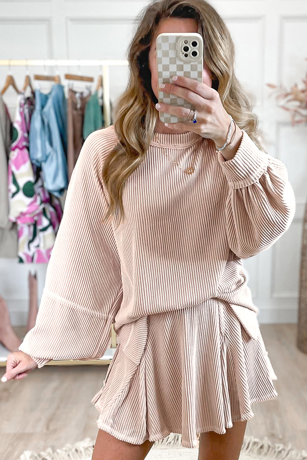 Women's Jet Stream Corded Lantern Sleeve Top & High Waist Ruffled Mini Skirt Set - Detail View 9 Women's Jet Stream Corded Lantern Sleeve Top & High Waist Ruffled Mini Skirt Set - Detail View 9