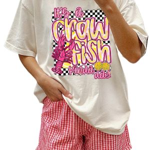 Women's White Crawfish Checkered Pattern Graphic Tee with Fun Slogan - Main View
