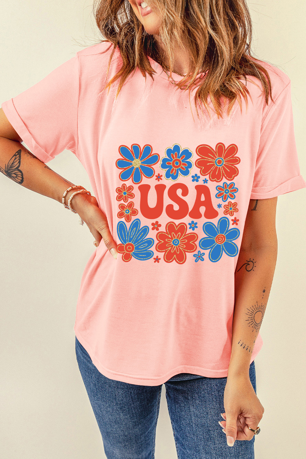 Women's Graphic T-Shirt, Pink Casual Tee, USA Print, Floral Design, Summer Shirt, Short Sleeve, Round Neck, Lightweight Fabric, Cuffed Sleeves, Comfortable Fit, Daily Wear, Trendy Style, Tops - Detail View 8 Women's Graphic T-Shirt, Pink Casual Tee, USA Print, Floral Design, Summer Shirt, Short Sleeve, Round Neck, Lightweight Fabric, Cuffed Sleeves, Comfortable Fit, Daily Wear, Trendy Style, Tops - Detail View 8