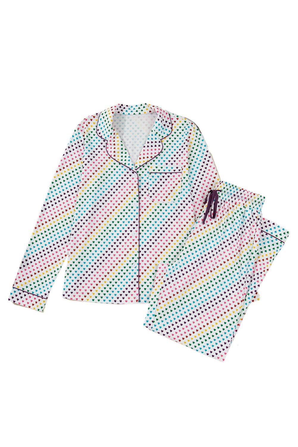 Women's White Heart Print Long Sleeve Pajama Set for Daily Comfort - Main View Women's White Heart Print Long Sleeve Pajama Set for Daily Comfort - Main View