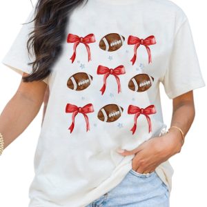 Women's White Bowknot Rugby Graphic Crew Neck Tee - Game Day Casual Shirt - Main View