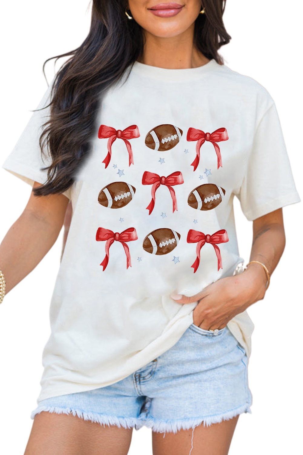 Women's White Bowknot Rugby Graphic Crew Neck Tee - Game Day Casual Shirt - Main View Women's White Bowknot Rugby Graphic Crew Neck Tee - Game Day Casual Shirt - Main View