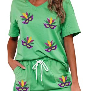 Mint Green Sequin Mardi Gras Mask Tee & Drawstring Shorts Set – Casual Summer Outfit for Women - Main View