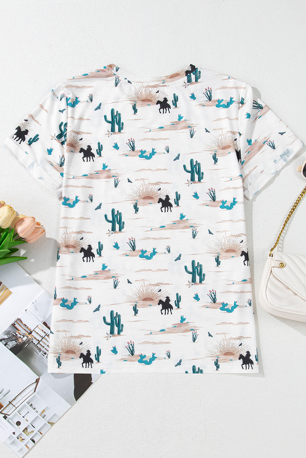 Comfortable Slim Fit Beige Top - Crew Neck, Short Sleeve, and Fun Western Print - Detail View 15 Comfortable Slim Fit Beige Top - Crew Neck, Short Sleeve, and Fun Western Print - Detail View 15