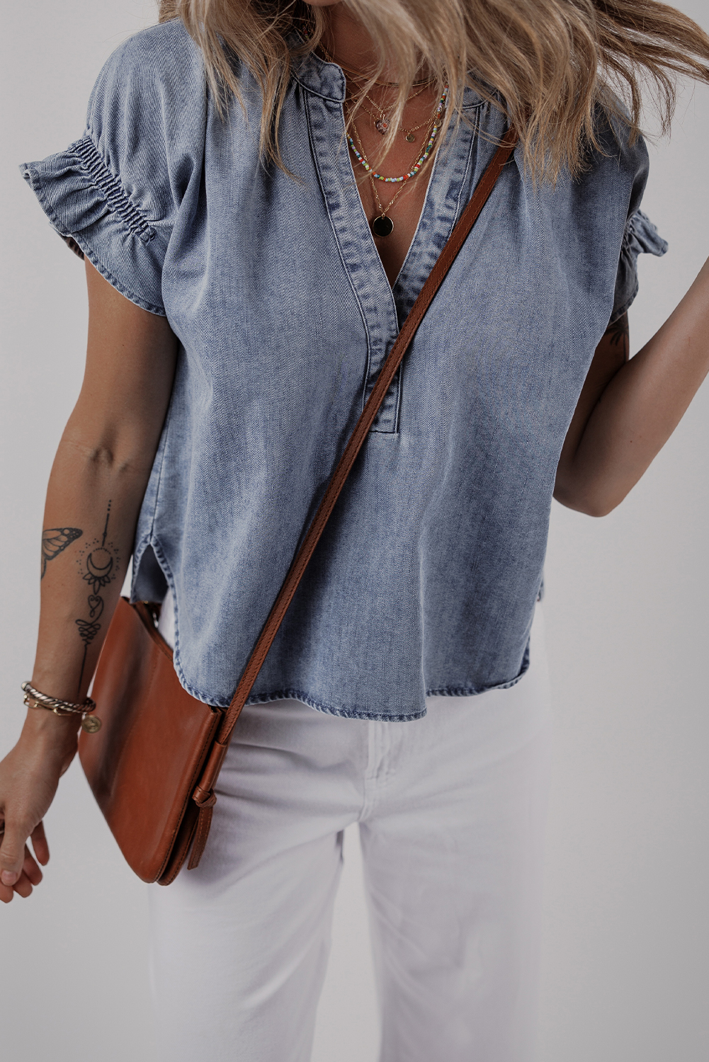 Soft Cotton Blend Dusk Blue Short Sleeve Top - Perfect for Daily Casual Style - Detail View 3 Soft Cotton Blend Dusk Blue Short Sleeve Top - Perfect for Daily Casual Style - Detail View 3