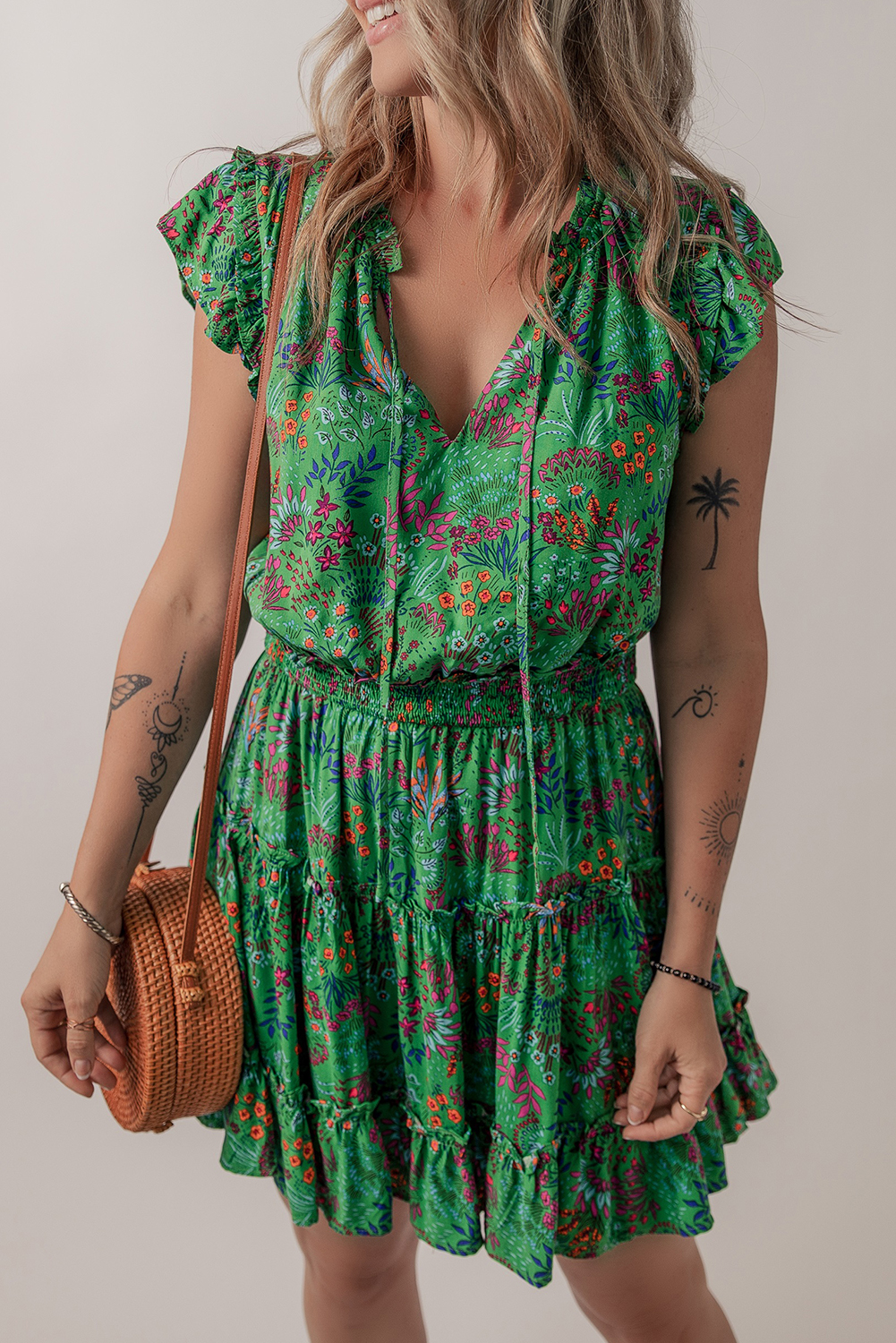 Casual Summer Dress with Flutter Sleeves and Ruffle Trim - Green Floral Print - Detail View 6 Casual Summer Dress with Flutter Sleeves and Ruffle Trim - Green Floral Print - Detail View 6