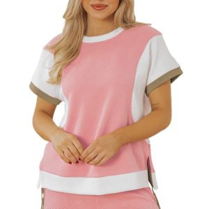 Women's Pink Textured Colorblock Patchwork Tee and High-Waist Shorts Set - Main View