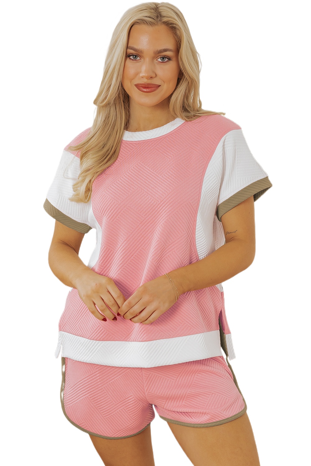 Women's Pink Textured Colorblock Patchwork Tee and High-Waist Shorts Set - Main View Women's Pink Textured Colorblock Patchwork Tee and High-Waist Shorts Set - Main View