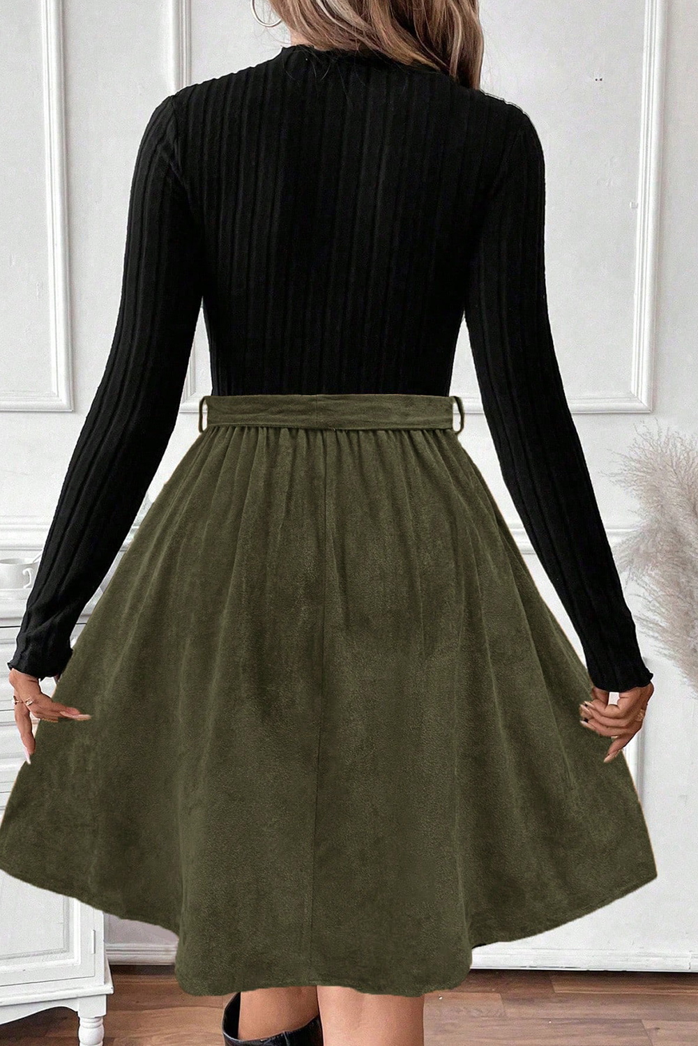 Women's Long-Sleeve Black Colorblock Dress with High Waist and Flared Skirt – Modern Professional Look - Detail View 3 Women's Long-Sleeve Black Colorblock Dress with High Waist and Flared Skirt – Modern Professional Look - Detail View 3