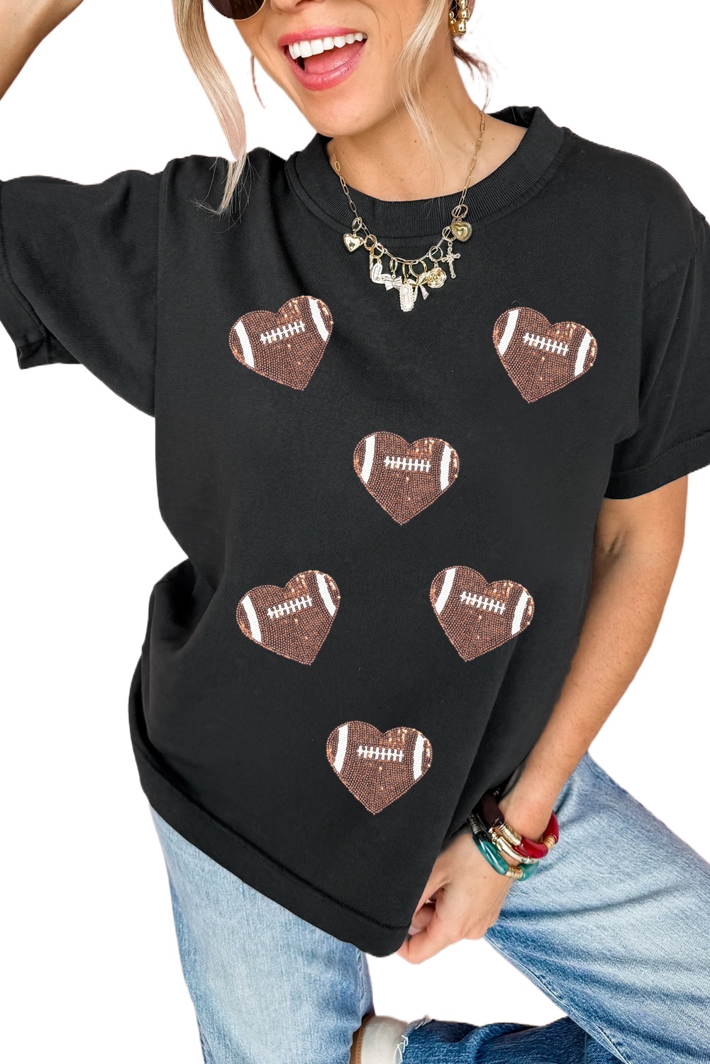 Trendy Black Rugby Football Tee with Heart-Shaped Sequin Detail - Detail View 2 Trendy Black Rugby Football Tee with Heart-Shaped Sequin Detail - Detail View 2
