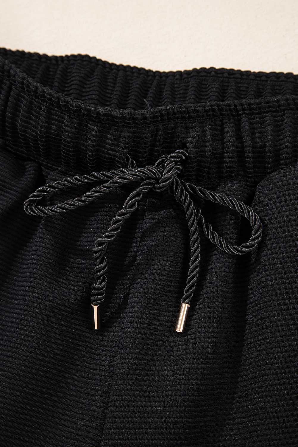 Women's Two-Piece Set, Black Outfit, Textured Fabric, Quarter Zip Top, Kangaroo Pocket, High Waist Shorts, Drawstring Detail, Casual Style, Comfortable Summer Wear, Daily Fashion, Shift Silhouette, Chic Look, Easy to Wear - Detail View 16 Women's Two-Piece Set, Black Outfit, Textured Fabric, Quarter Zip Top, Kangaroo Pocket, High Waist Shorts, Drawstring Detail, Casual Style, Comfortable Summer Wear, Daily Fashion, Shift Silhouette, Chic Look, Easy to Wear - Detail View 16
