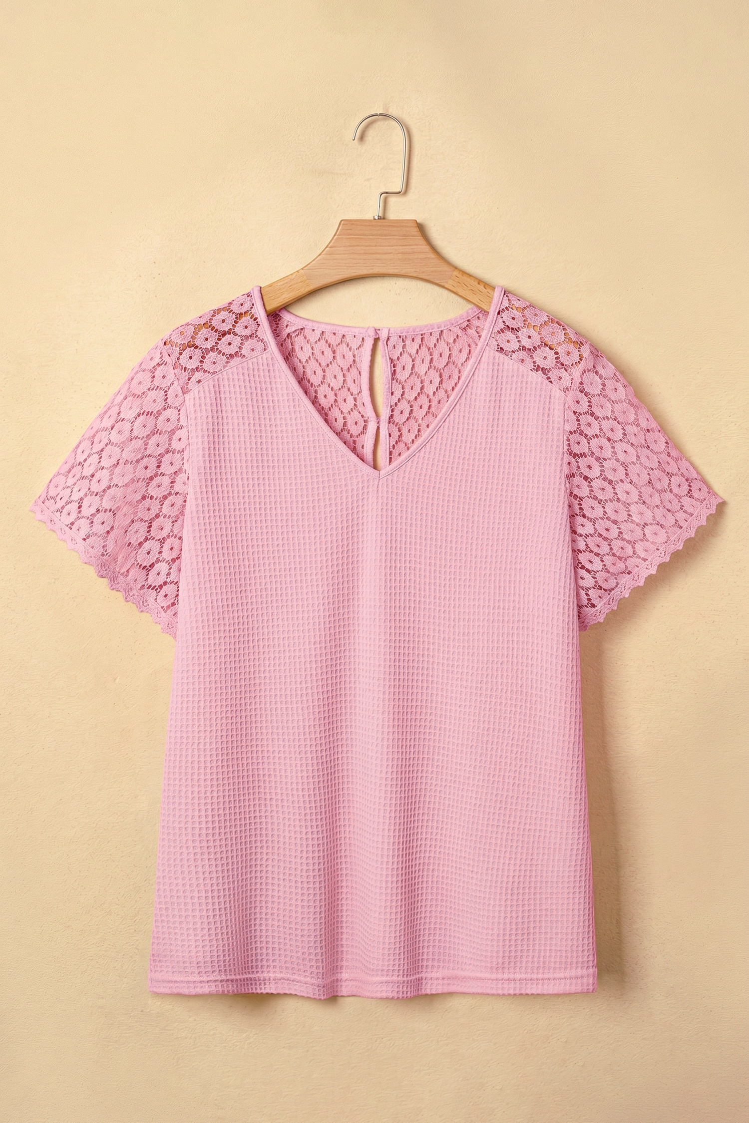 Short Sleeve Lace Splicing Blouse – Casual V-Neck Pink Top - Detail View 5 Short Sleeve Lace Splicing Blouse – Casual V-Neck Pink Top - Detail View 5