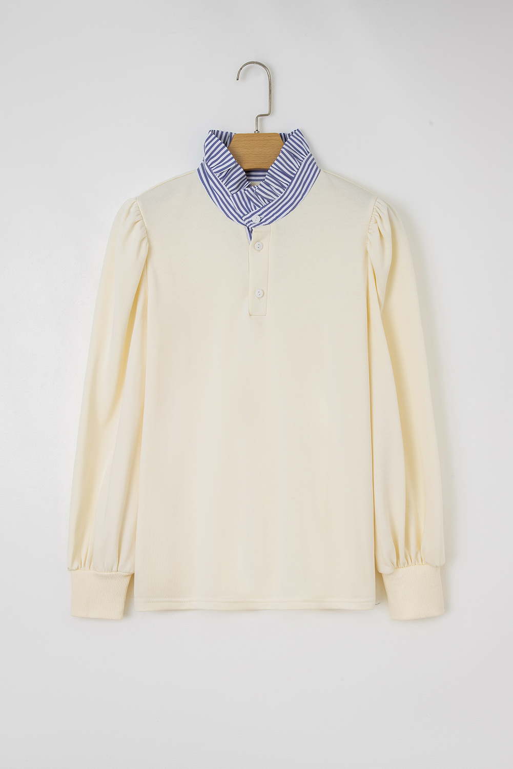 Women's White Button Striped Collar Patchwork Puff Sleeve Sweatshirt - Detail View 5 Women's White Button Striped Collar Patchwork Puff Sleeve Sweatshirt - Detail View 5
