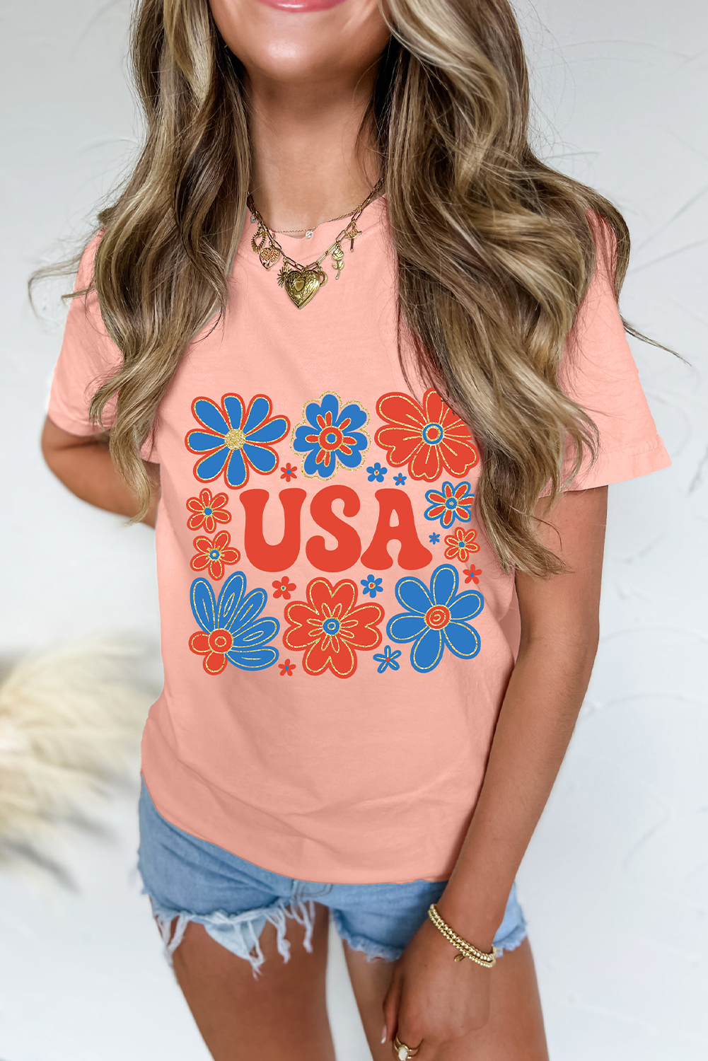 Women's Graphic T-Shirt, Pink Casual Tee, USA Print, Floral Design, Summer Shirt, Short Sleeve, Round Neck, Lightweight Fabric, Cuffed Sleeves, Comfortable Fit, Daily Wear, Trendy Style, Tops - Detail View 4 Women's Graphic T-Shirt, Pink Casual Tee, USA Print, Floral Design, Summer Shirt, Short Sleeve, Round Neck, Lightweight Fabric, Cuffed Sleeves, Comfortable Fit, Daily Wear, Trendy Style, Tops - Detail View 4