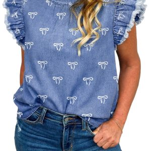 Women's Blue Denim Flutter Sleeve Top – Casual Round Neck Blouse with Bow Detail - Main View