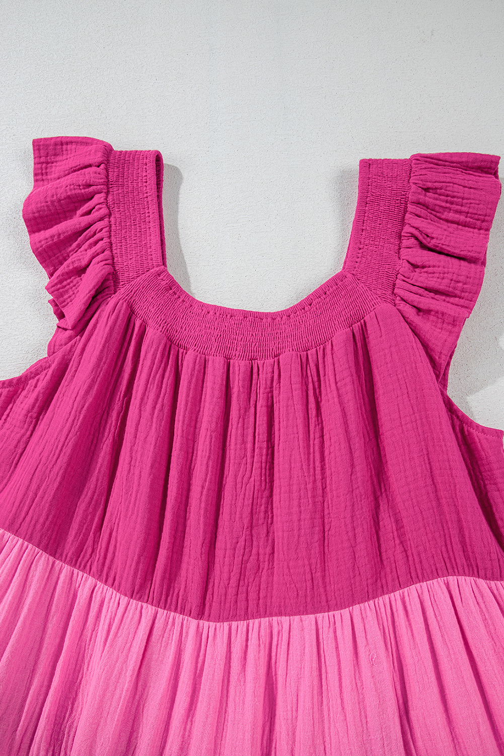 Casual Summer Mini Dress: Pink Color Block Design with Tiered Silhouette - Detail View 15 Casual Summer Mini Dress: Pink Color Block Design with Tiered Silhouette - Detail View 15
