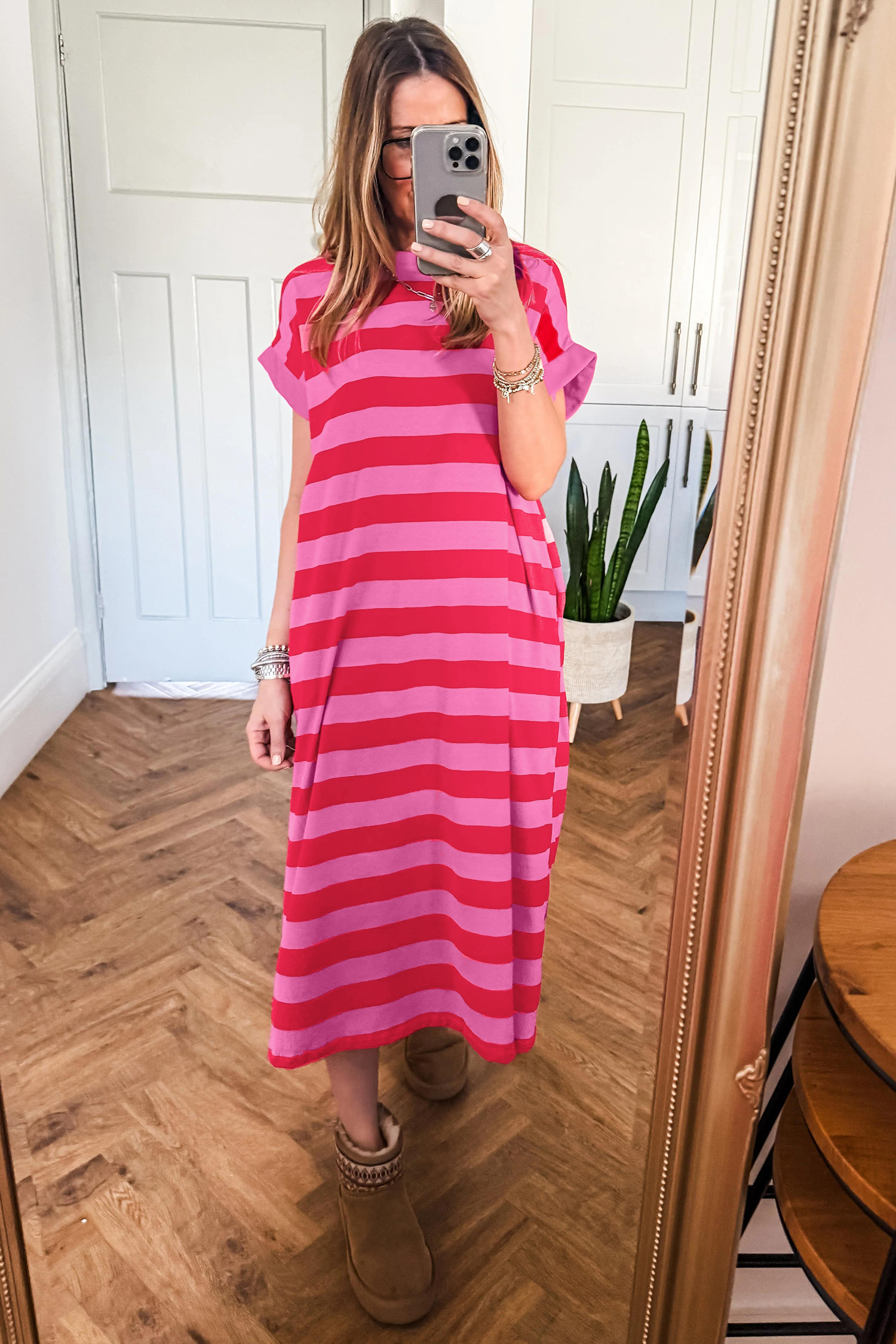 Rose Striped Long T-Shirt Dress – Comfy Pocketed Summer Style - Detail View 3 Rose Striped Long T-Shirt Dress – Comfy Pocketed Summer Style - Detail View 3