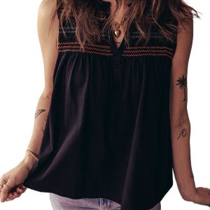 Women's Black Colorful Shirred Yoke Notched V Neck Tank Top for Summer - Main View