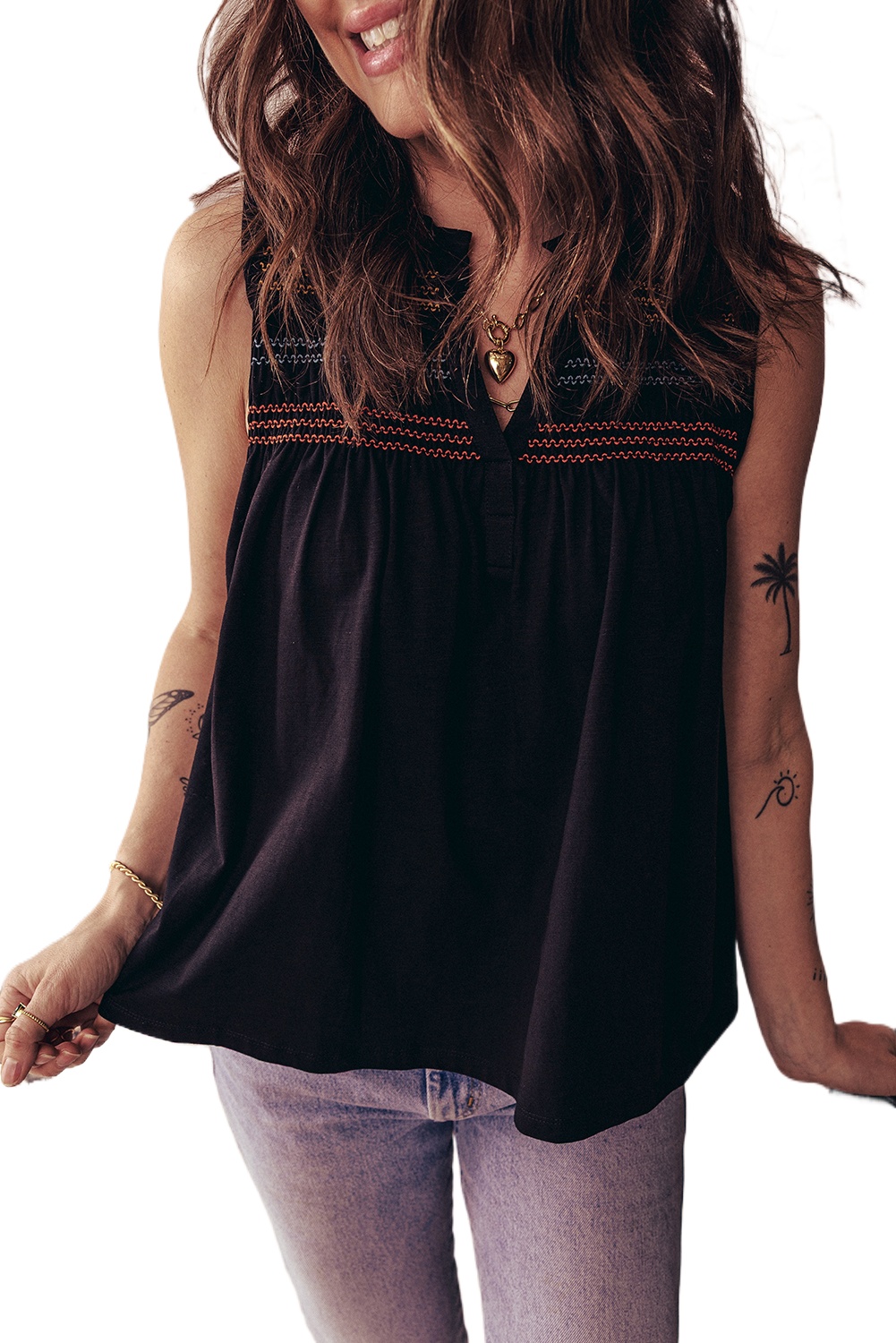 Women's Black Colorful Shirred Yoke Notched V Neck Tank Top for Summer - Main View Women's Black Colorful Shirred Yoke Notched V Neck Tank Top for Summer - Main View