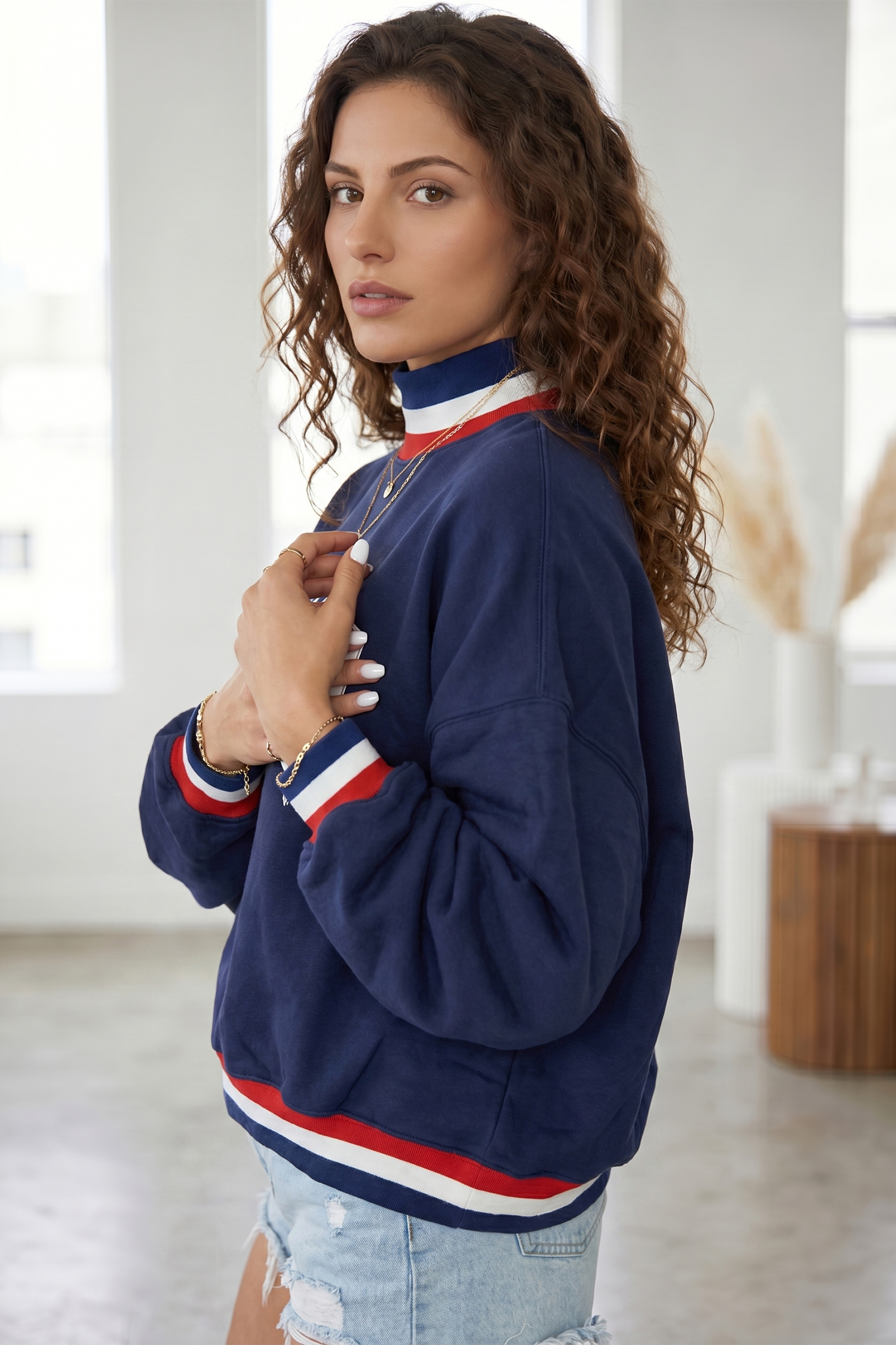 Women's Colorblock USA Sweatshirt, Mock Neck Letter Print - Detail View 2 Women's Colorblock USA Sweatshirt, Mock Neck Letter Print - Detail View 2
