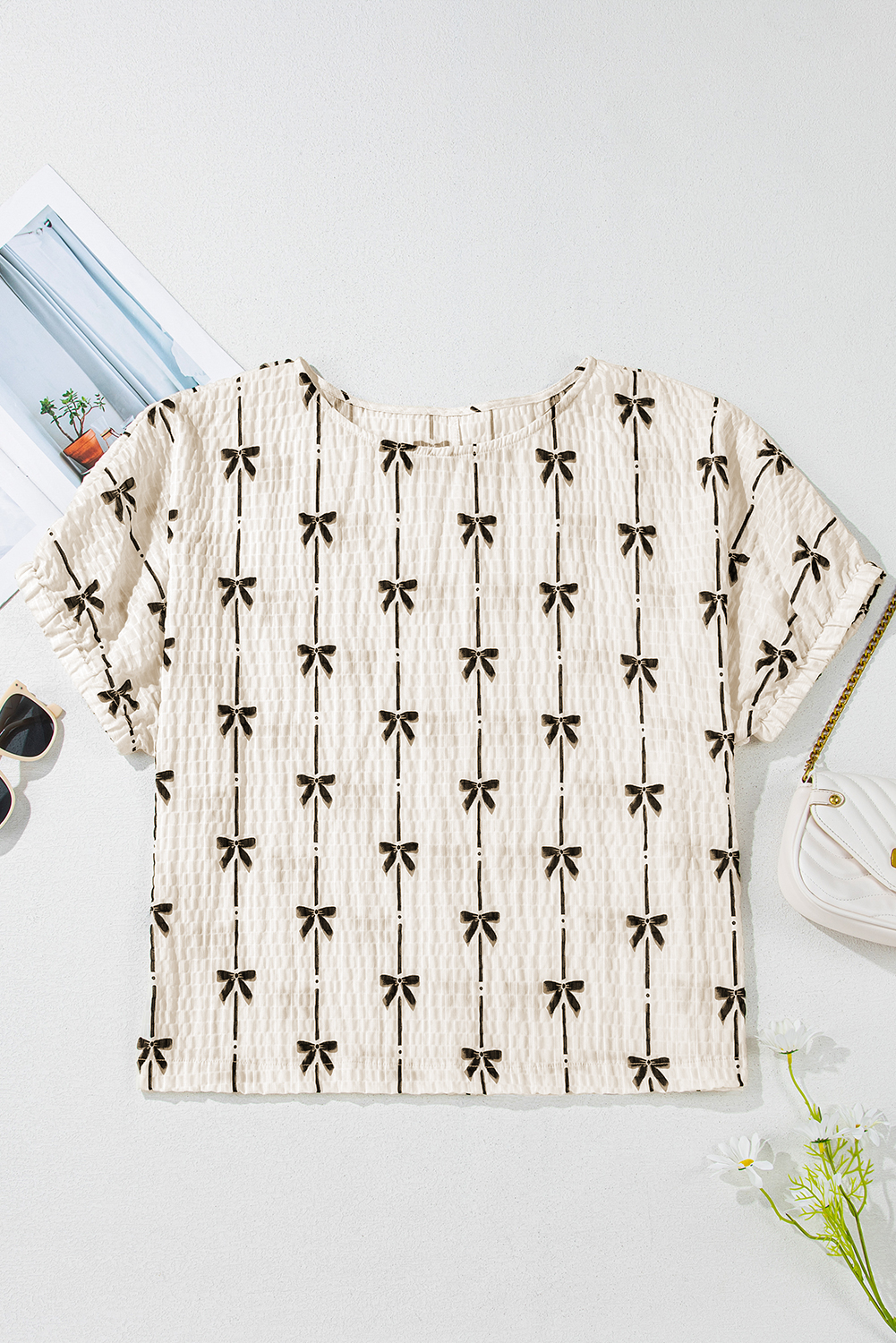 Stylish Women's Beige Puff Sleeve Blouse with Adorable Bow Print - Detail View 6 Stylish Women's Beige Puff Sleeve Blouse with Adorable Bow Print - Detail View 6