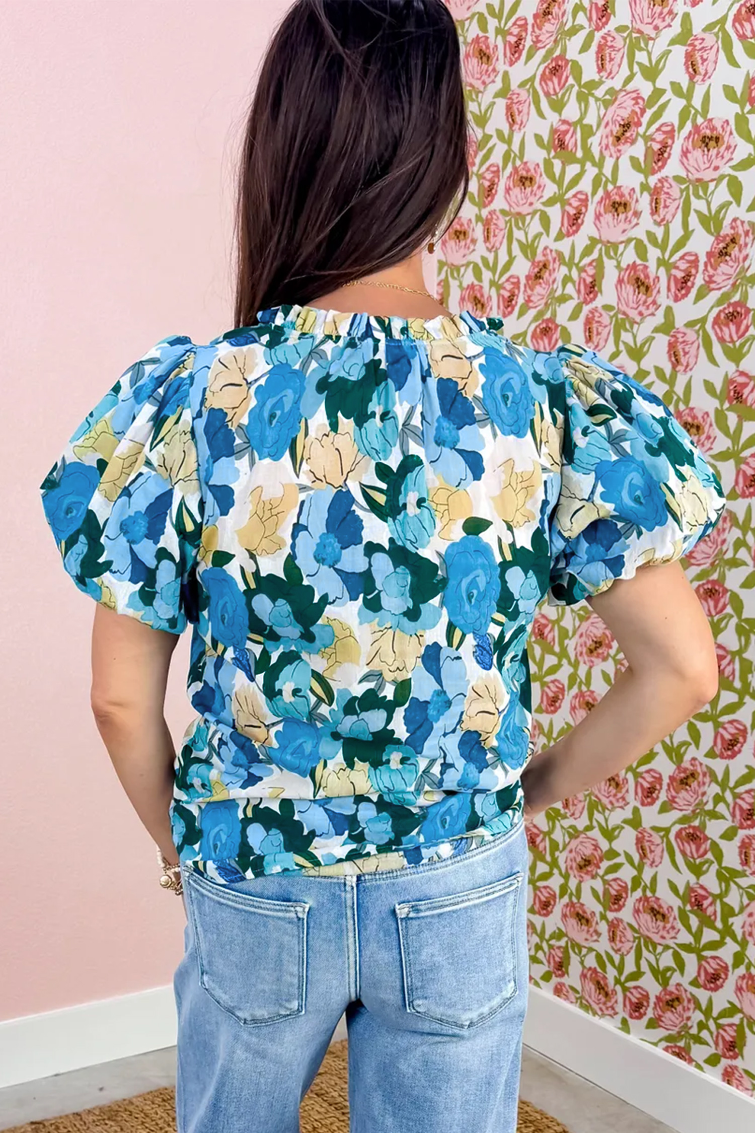 Casual Sky Blue Floral Blouse for Women – Short Puff Sleeve V Neck Top for Daily Wear - Detail View 2 Casual Sky Blue Floral Blouse for Women – Short Puff Sleeve V Neck Top for Daily Wear - Detail View 2