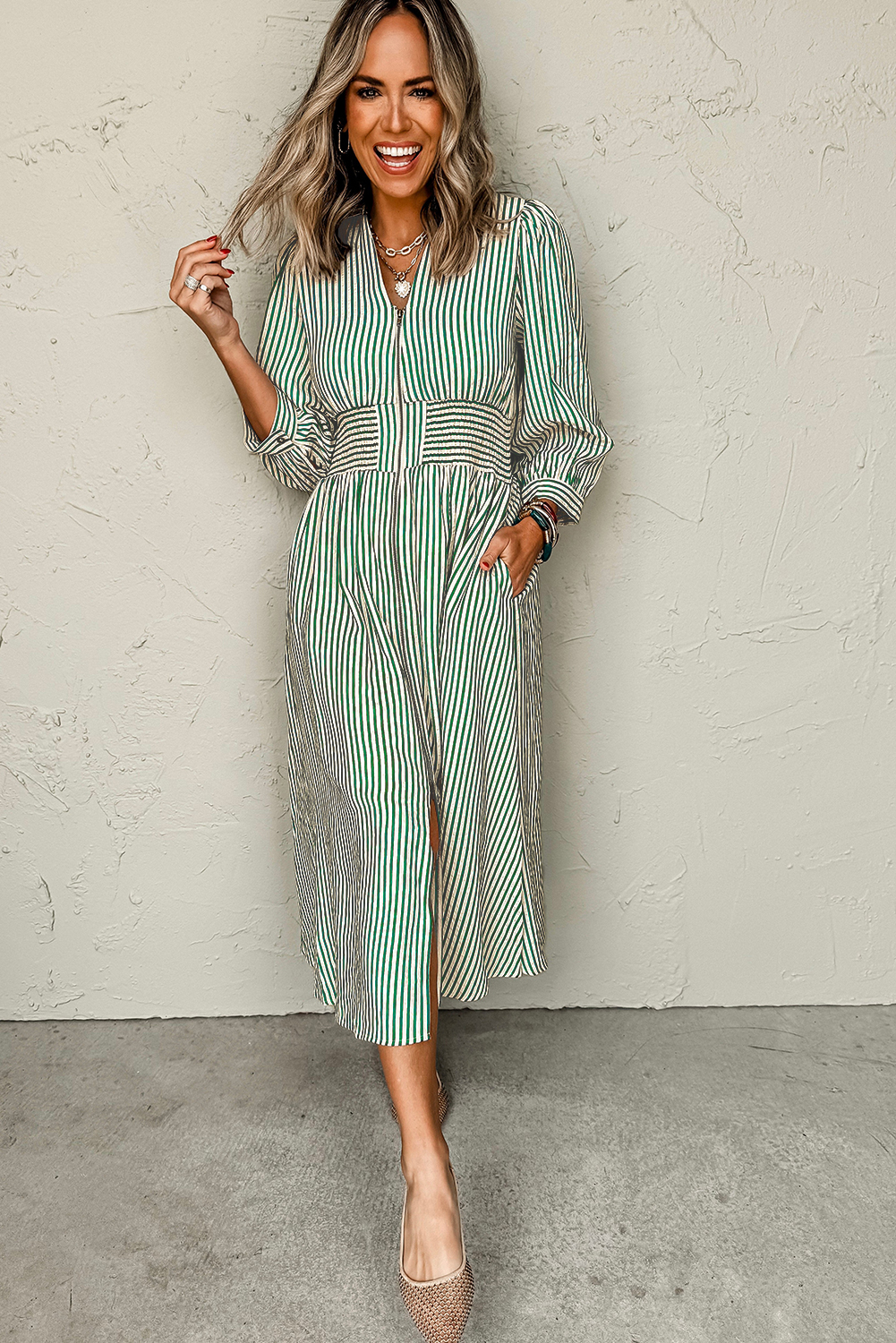 Elegant A-Line Midi Dress with Long Sleeves and Pockets - Green Striped Design - Detail View 6 Elegant A-Line Midi Dress with Long Sleeves and Pockets - Green Striped Design - Detail View 6