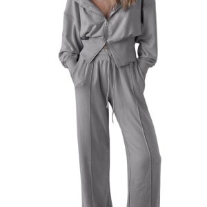 Women's Gray Double Zipper Hooded Jacket and Sweatpants Active Set for Daily Wear - Main View