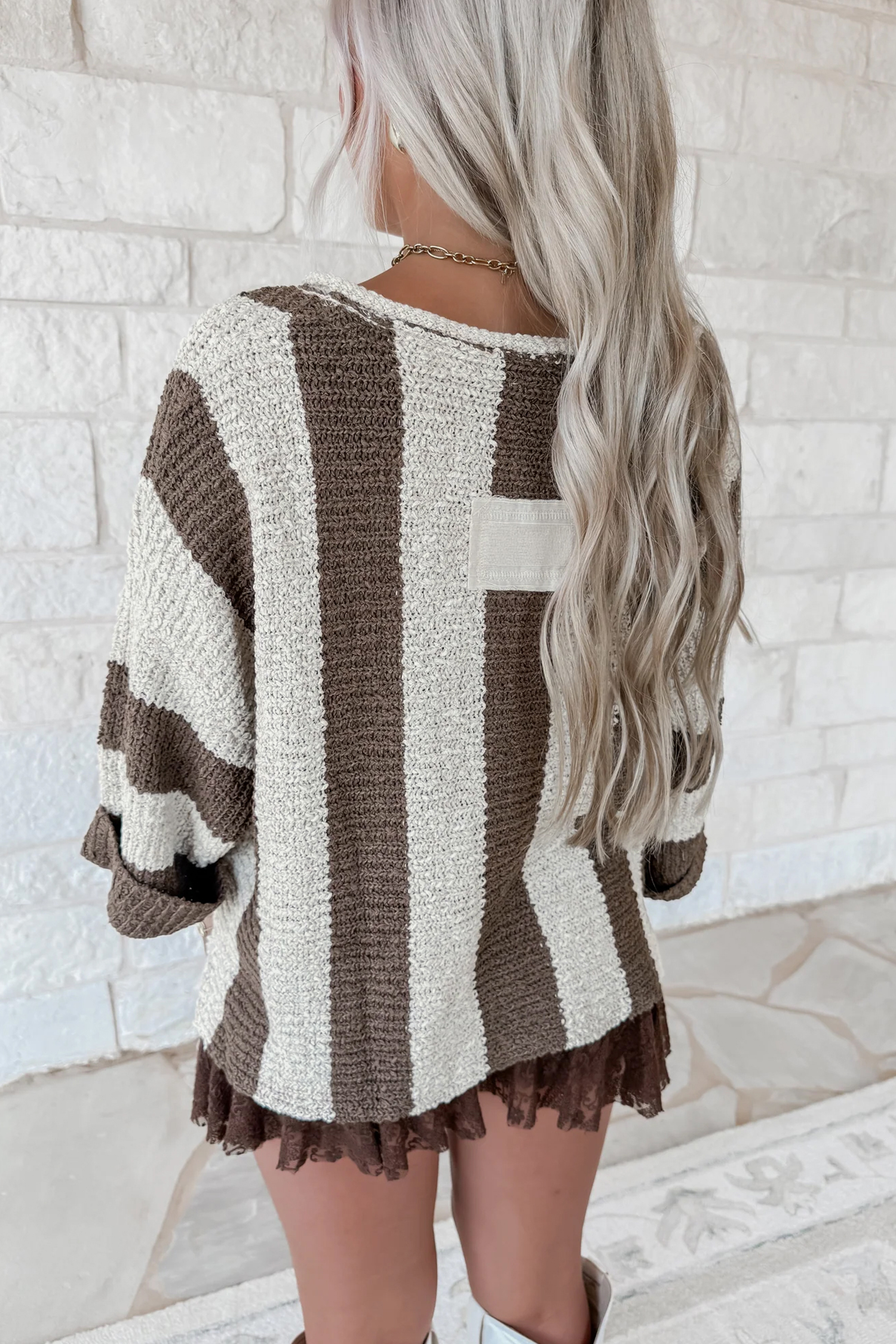 Chic Brown Stripe Colorblock V Neck Sweater – Ideal for Southern Belle Style in Winter - Detail View 3 Chic Brown Stripe Colorblock V Neck Sweater – Ideal for Southern Belle Style in Winter - Detail View 3