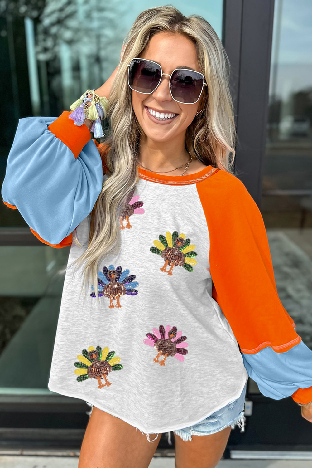 Casual Light Grey Thanksgiving Top with Sequin Turkey Design – Perfect Long Sleeve Color Block Shirt for Autumn Days - Detail View 3 Casual Light Grey Thanksgiving Top with Sequin Turkey Design – Perfect Long Sleeve Color Block Shirt for Autumn Days - Detail View 3