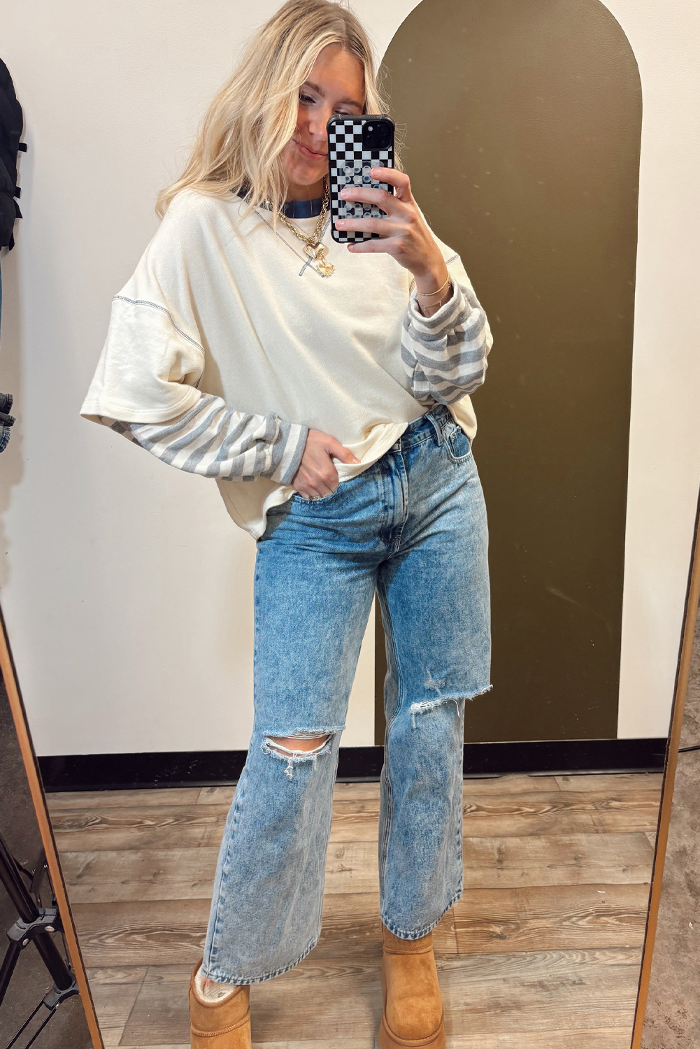 Stylish Beige Striped Patchwork Long Sleeve Round Neck Two-in-One Top for Women - Detail View 5 Stylish Beige Striped Patchwork Long Sleeve Round Neck Two-in-One Top for Women - Detail View 5
