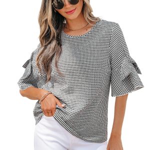 Women's Plaid Round Neck Blouse – Ruffled Half Sleeve Casual Top, Black Checkered Pattern - Main View