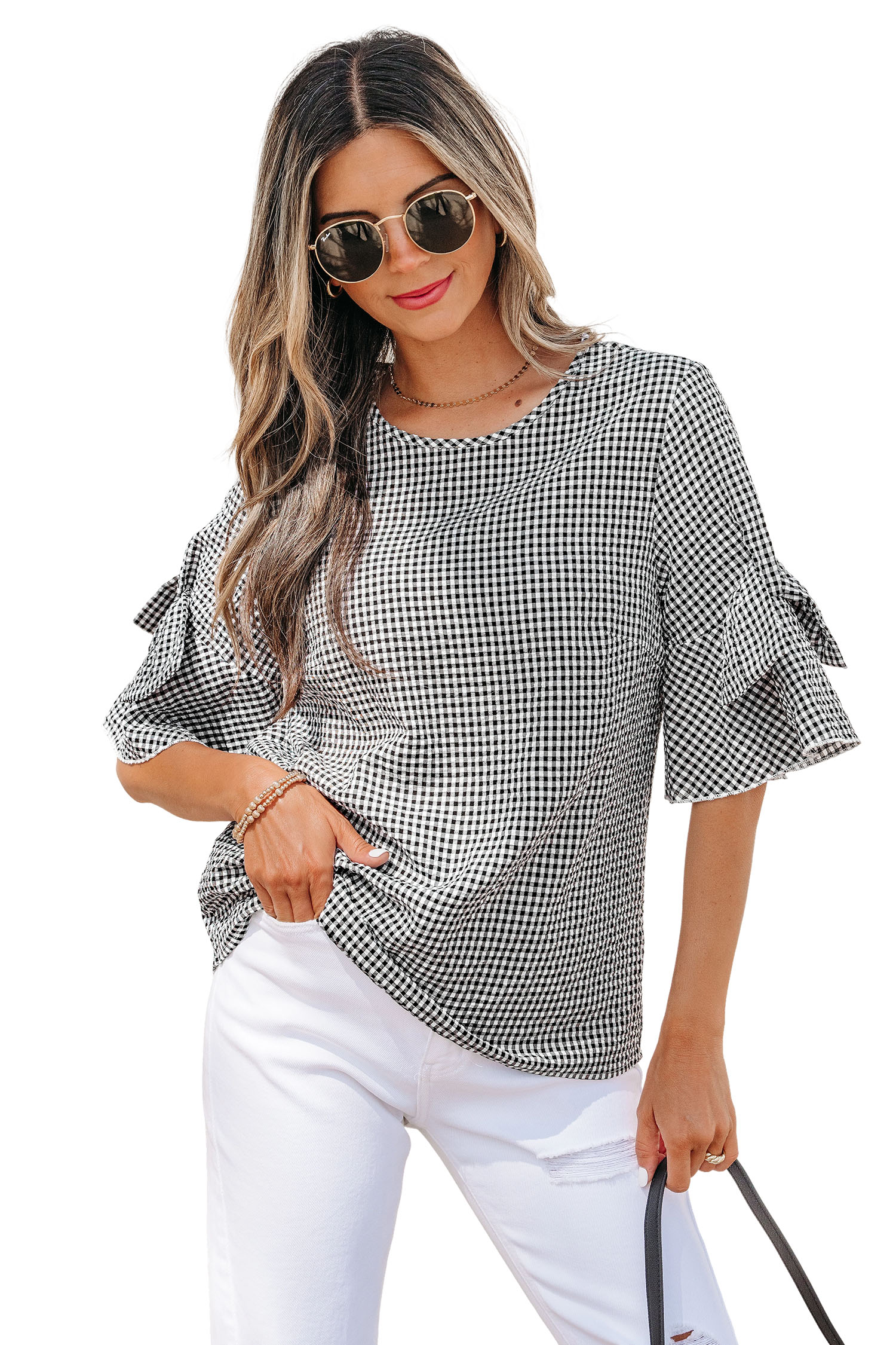Women's Plaid Round Neck Blouse – Ruffled Half Sleeve Casual Top, Black Checkered Pattern - Main View Women's Plaid Round Neck Blouse – Ruffled Half Sleeve Casual Top, Black Checkered Pattern - Main View