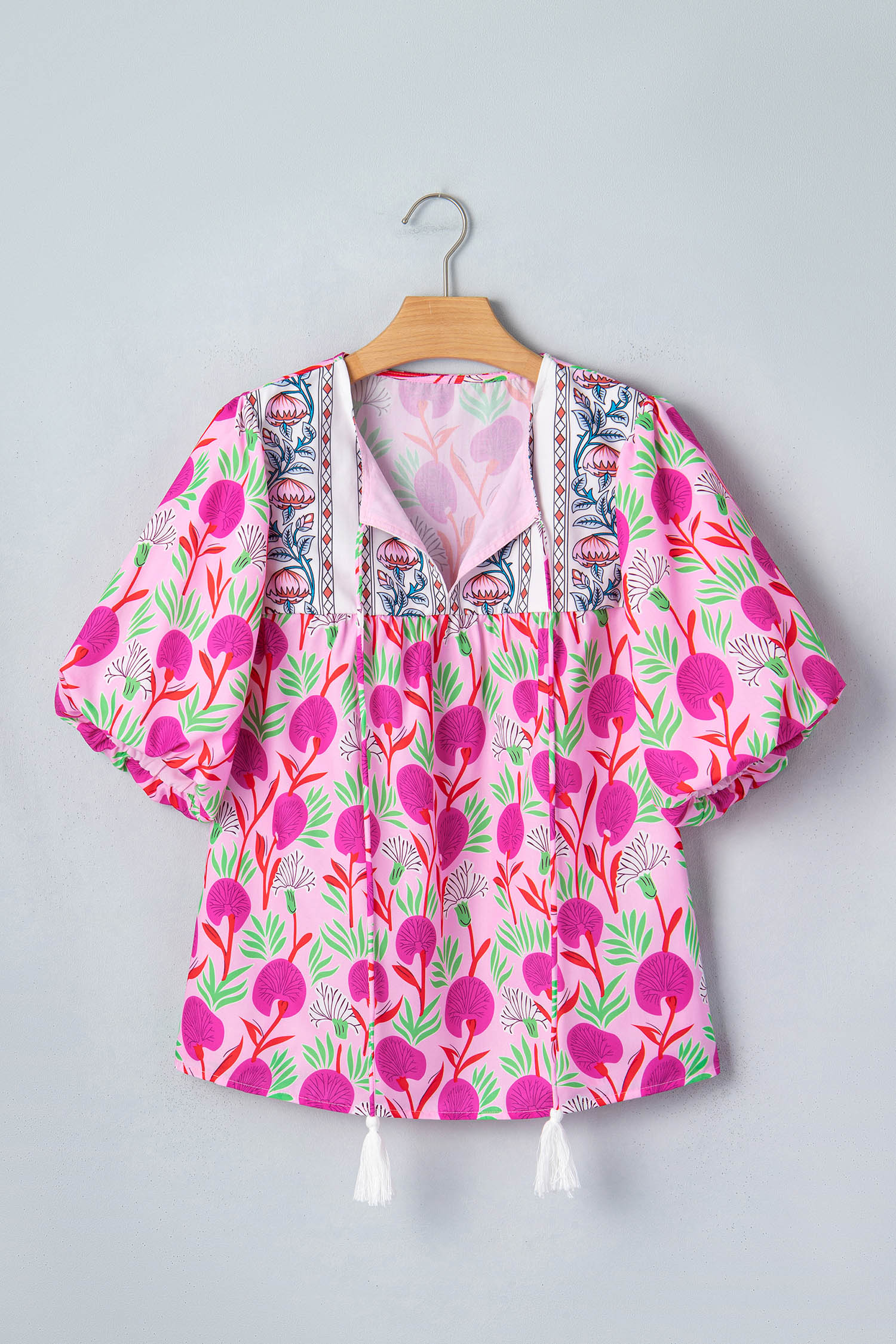 Women's Pink Floral Puff Sleeve Blouse – Southern Belle Patchwork Top with Tassel Tie V-Neck - Detail View 10 Women's Pink Floral Puff Sleeve Blouse – Southern Belle Patchwork Top with Tassel Tie V-Neck - Detail View 10
