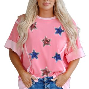 Women's Peach Blossom Sequin Star Graphic Tee - Contrast Patchwork Design - Main View