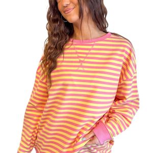 Women's Striped Long Sleeve Top and Shorts Set – Casual Wear - Main View