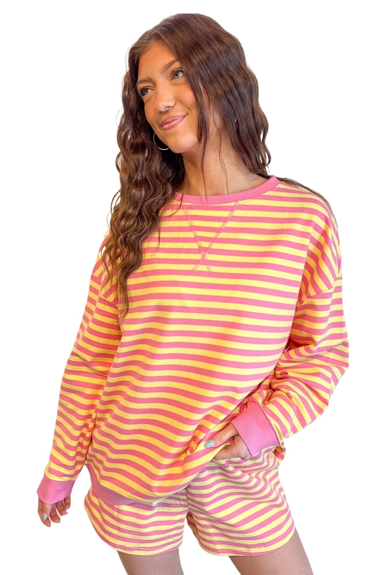 Women's Striped Long Sleeve Top and Shorts Set – Casual Wear - Main View Women's Striped Long Sleeve Top and Shorts Set – Casual Wear - Main View